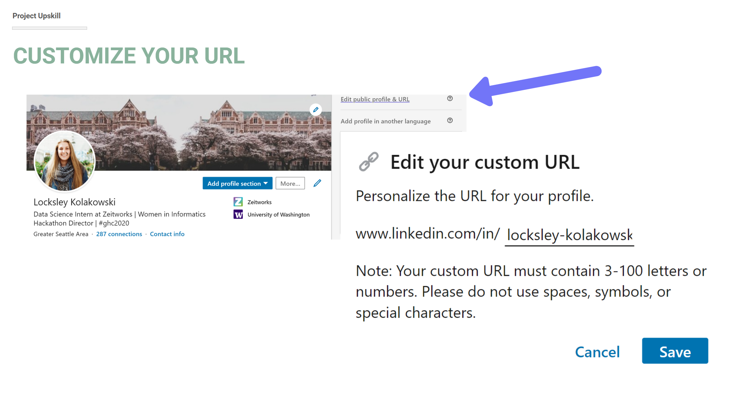 Visual guide for customizing LinkedIn URL